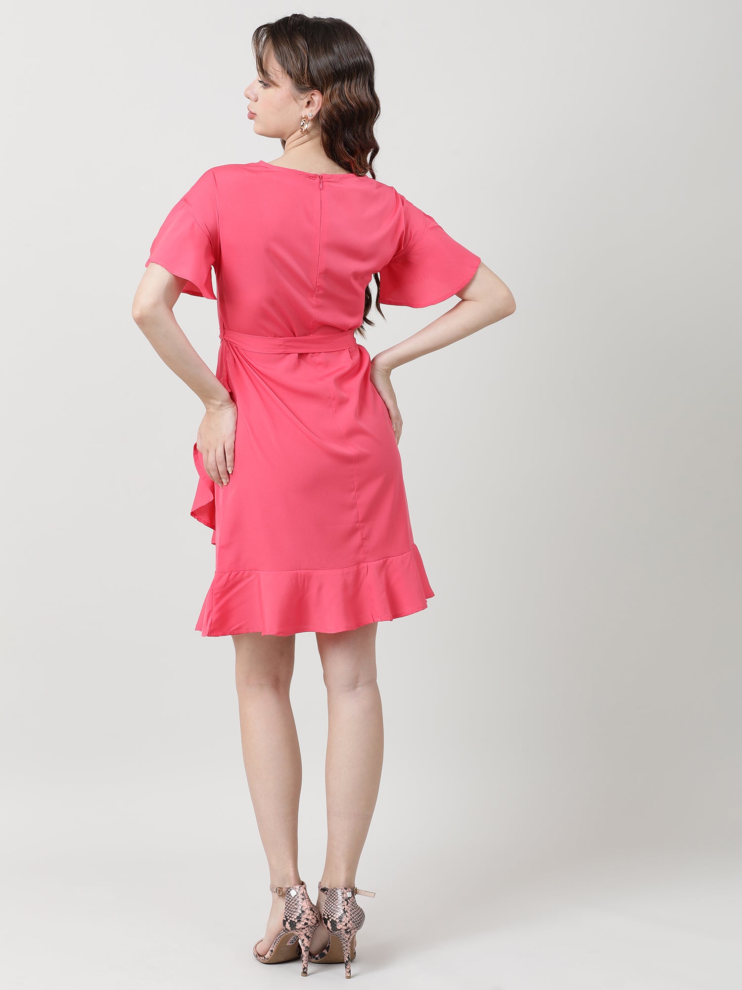 Women Regular Fit Coral A Line Dress With Belt