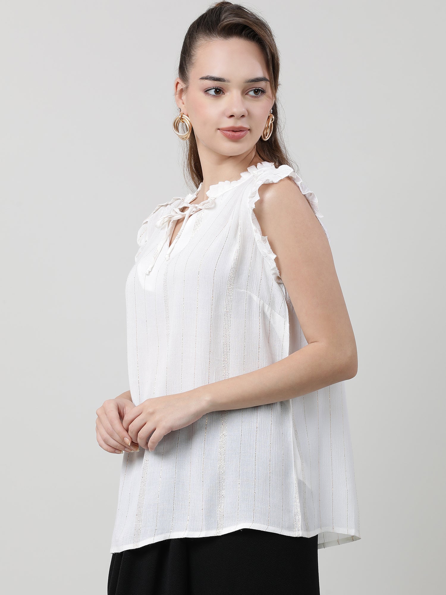 Women Regular Fit White Top With Frilled Sleeves