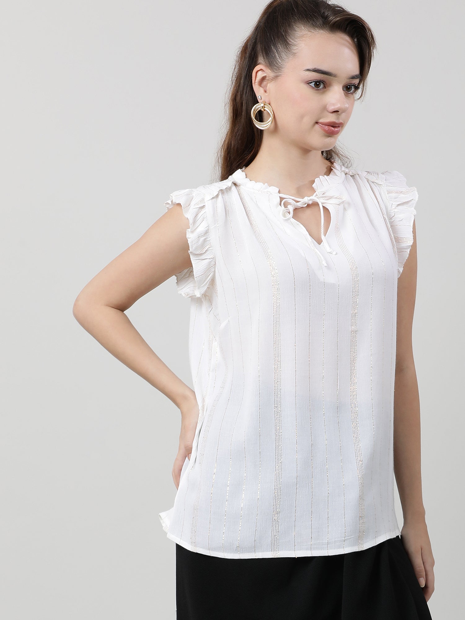 Women Regular Fit White Top With Frilled Sleeves