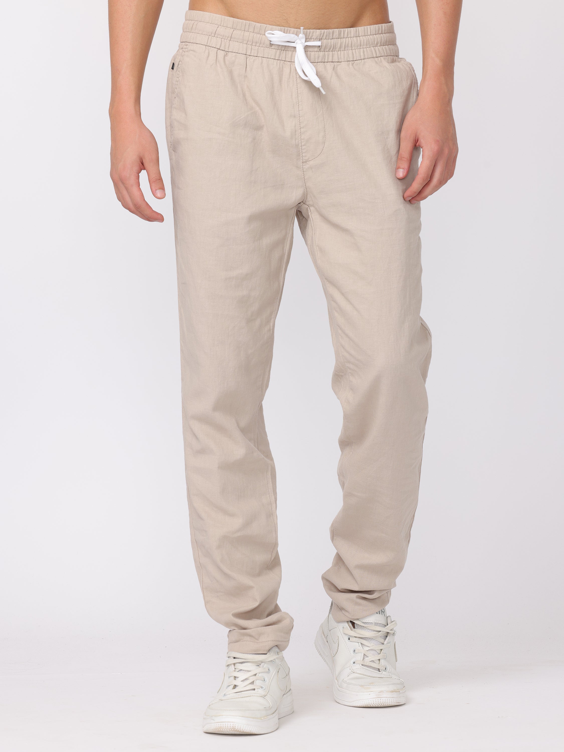 Men Light Beige Regular Fit Linen Blend Pants