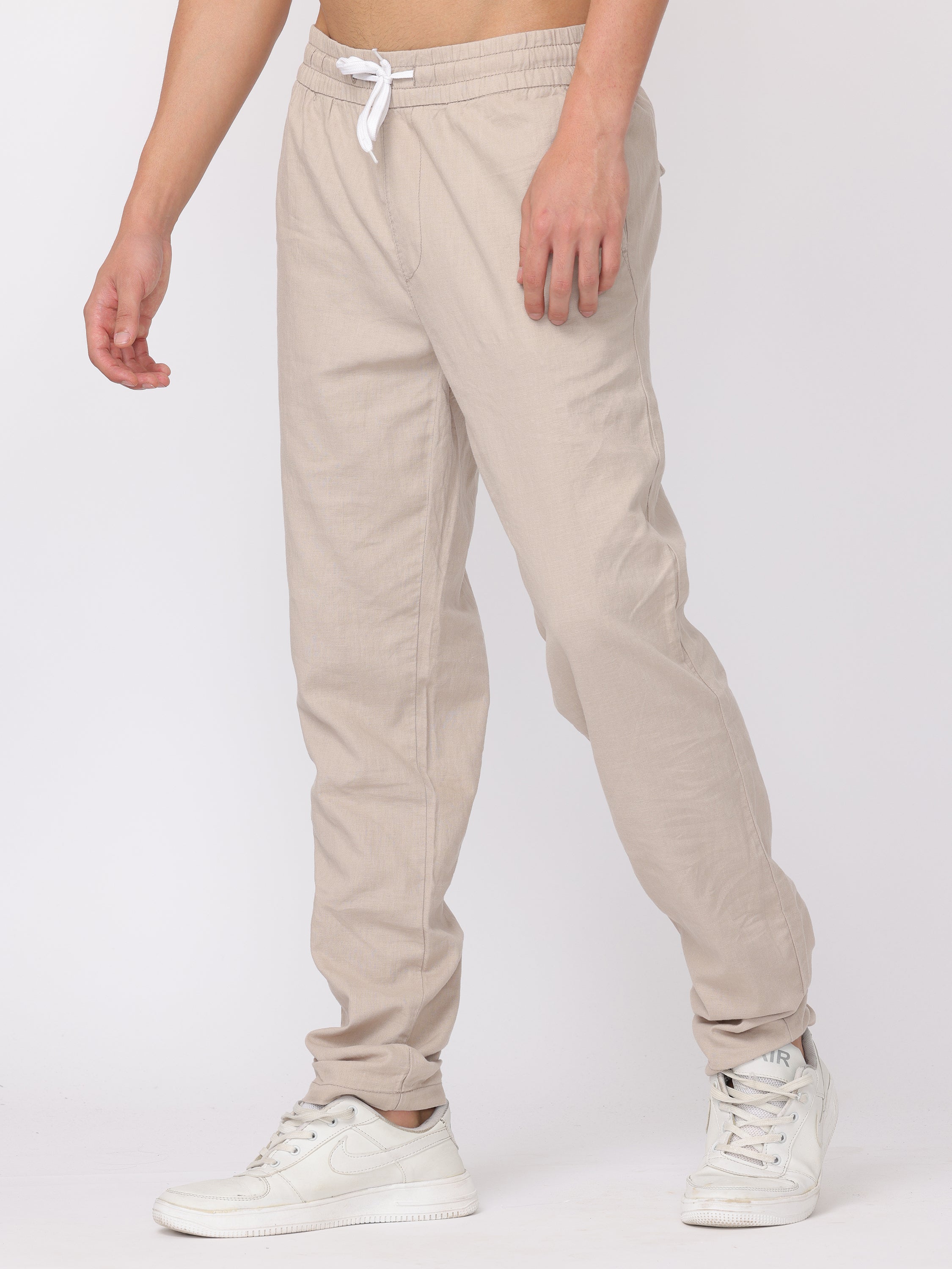 Men Light Beige Regular Fit Linen Blend Pants