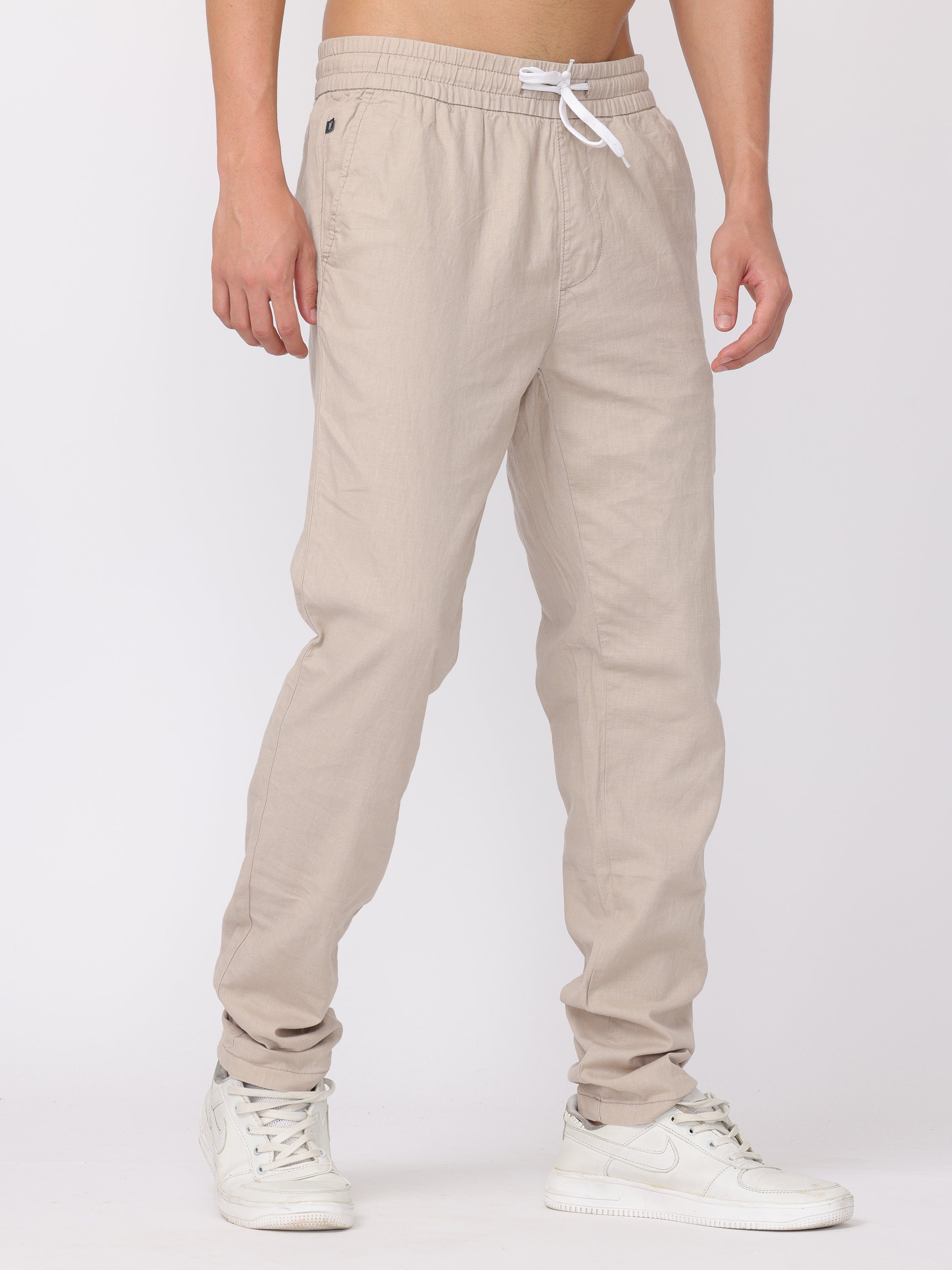 Men Light Beige Regular Fit Linen Blend Pants