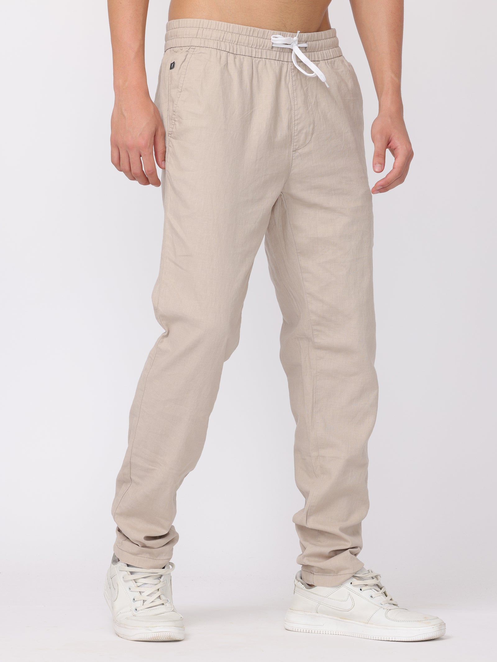 Men Light Beige Regular Fit Linen Blend Pants