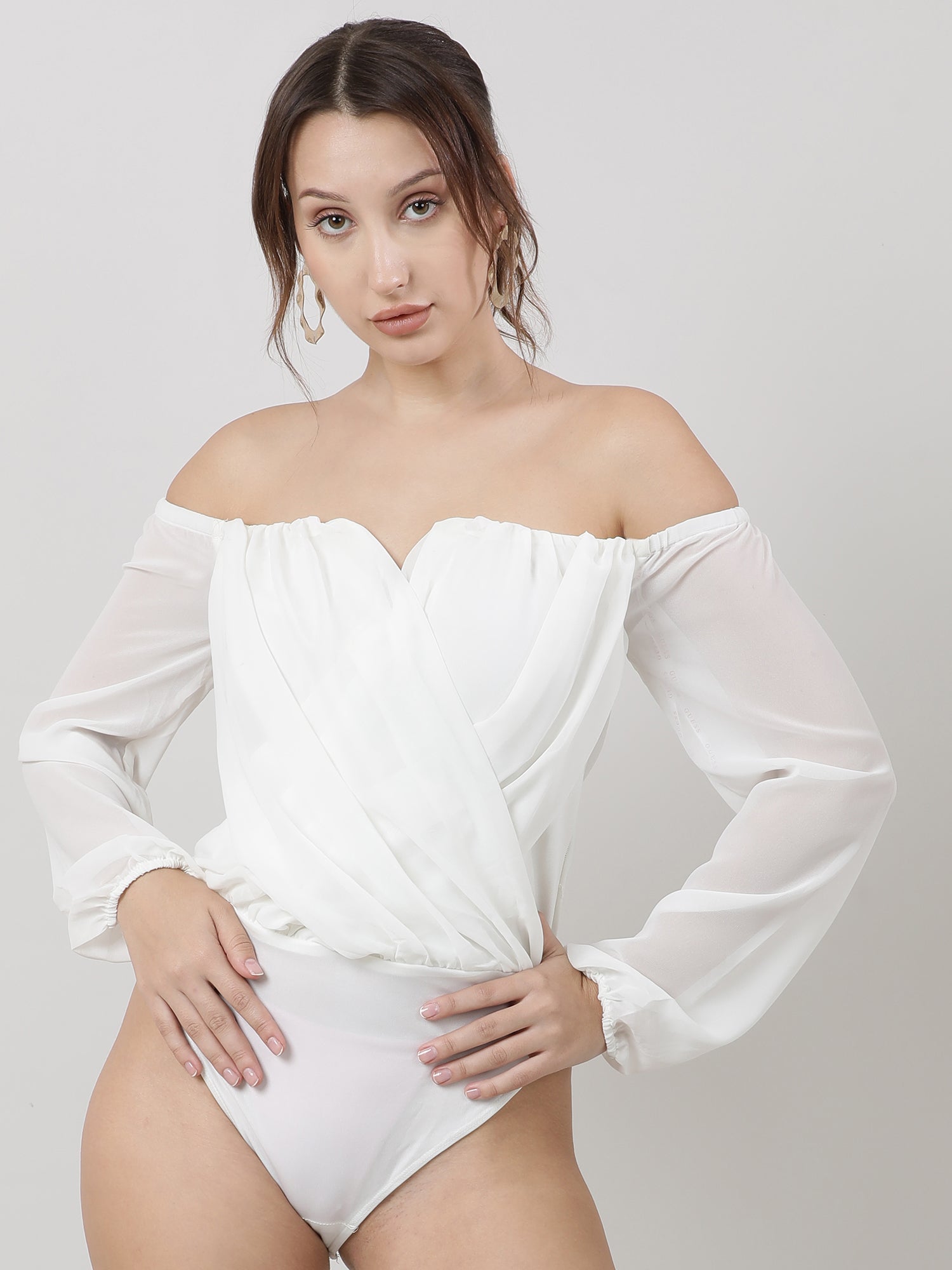 Women Regular Fit White Off Shoulder Bodysuit