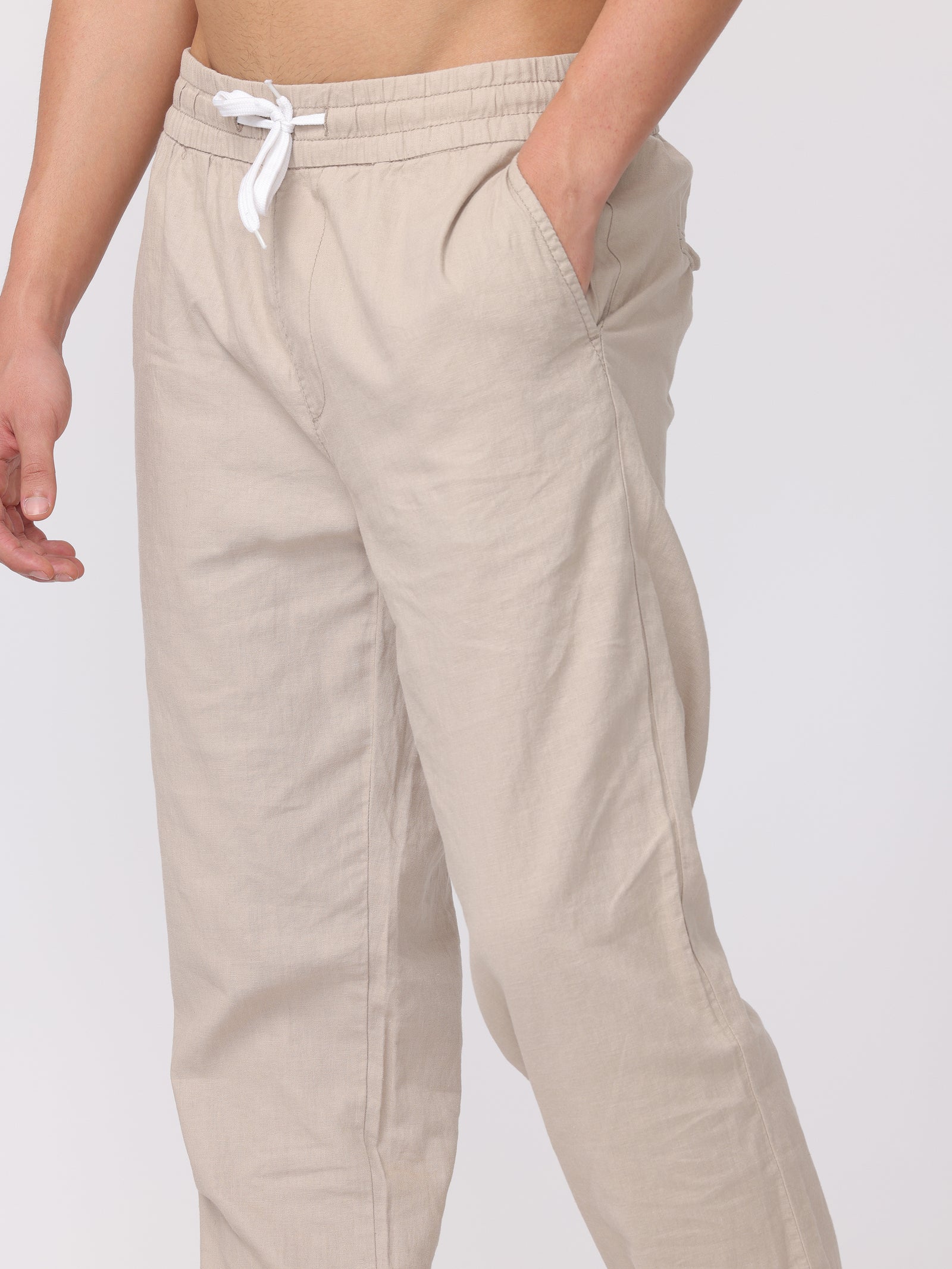 Men Light Beige Regular Fit Linen Blend Pants