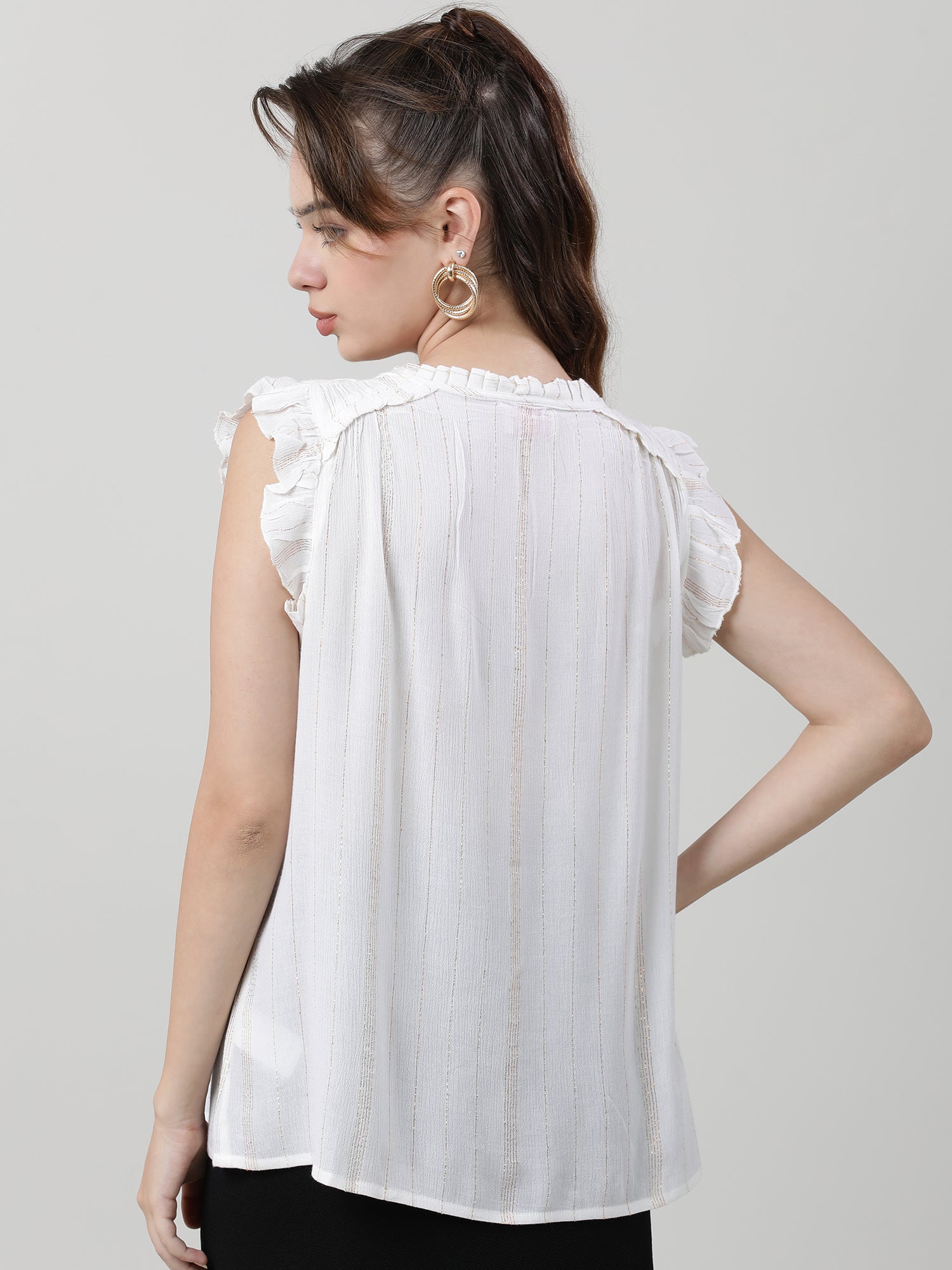 Women Regular Fit White Top With Frilled Sleeves