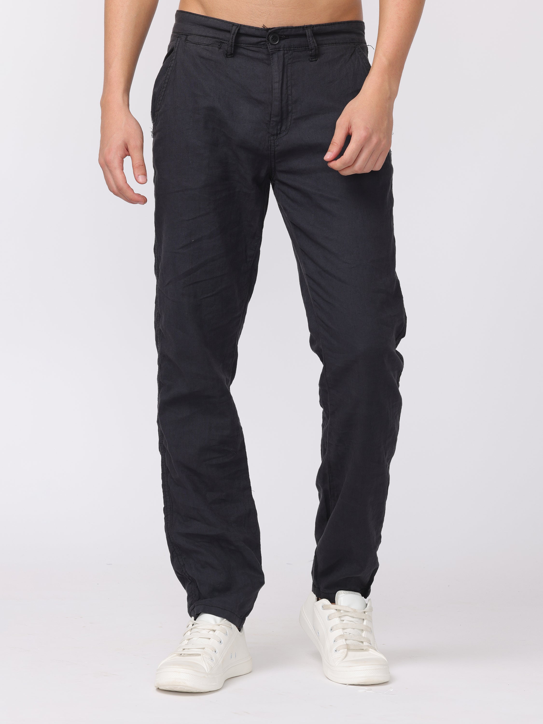 Men Black Regular Fit Linen Blend Pants