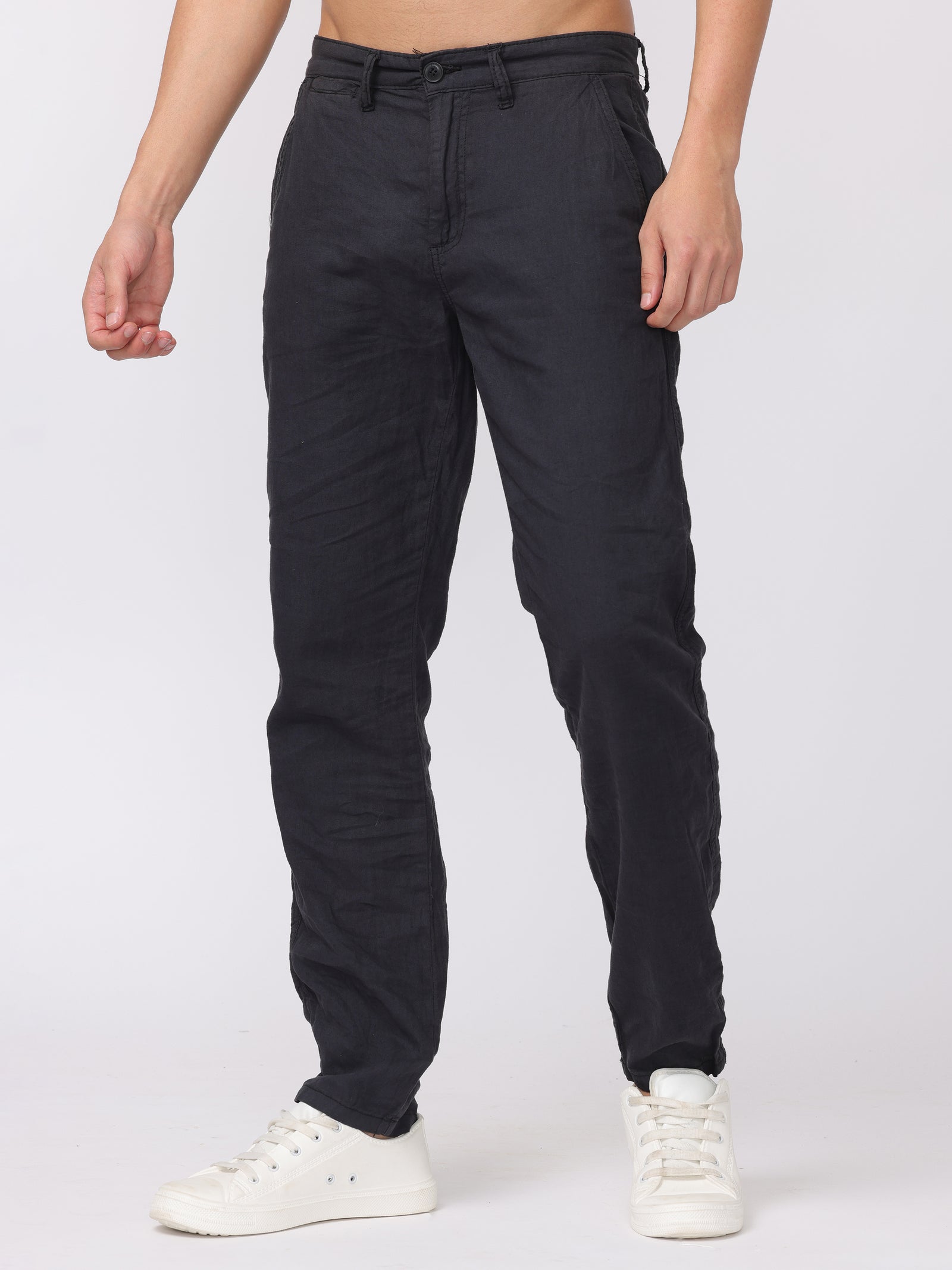 Men Black Regular Fit Linen Blend Pants