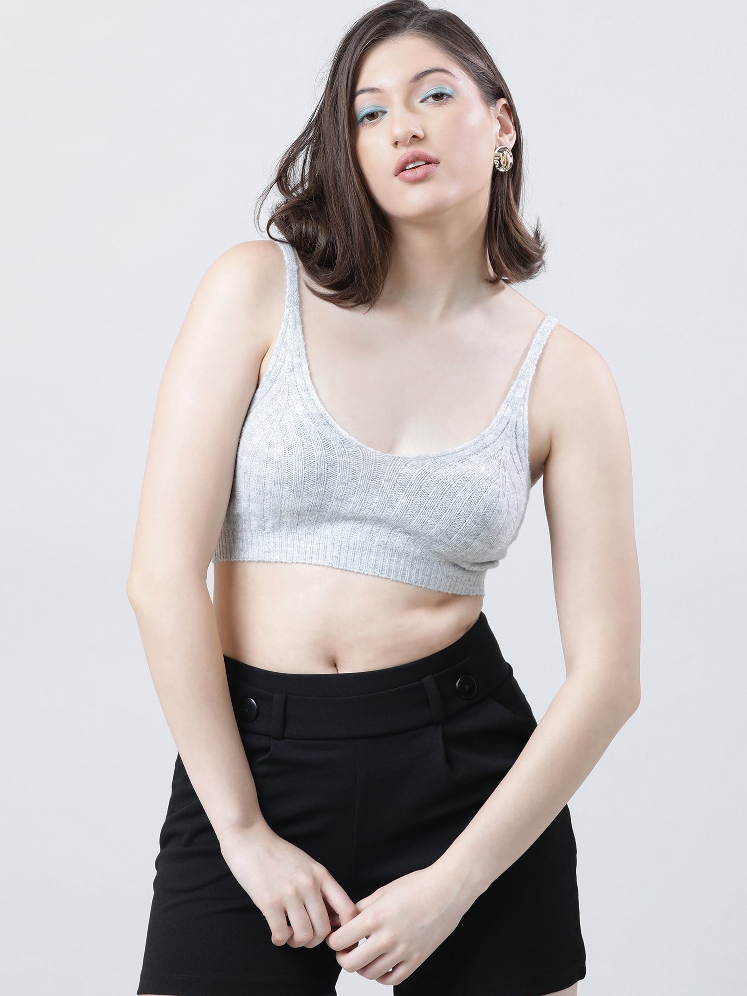 Women Slim Fit Light Grey Ribbed Strappy Crop Top