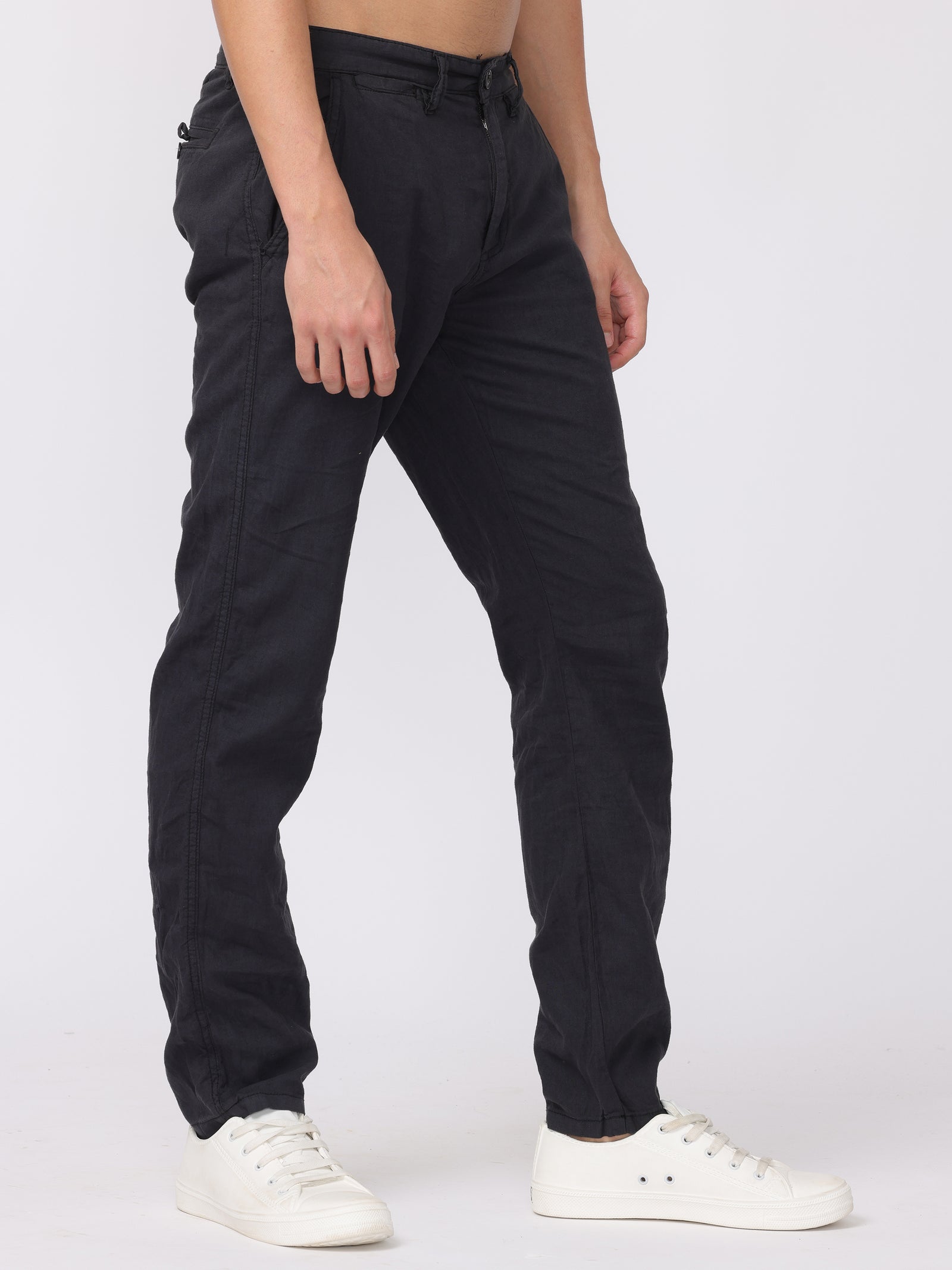 Men Black Regular Fit Linen Blend Pants