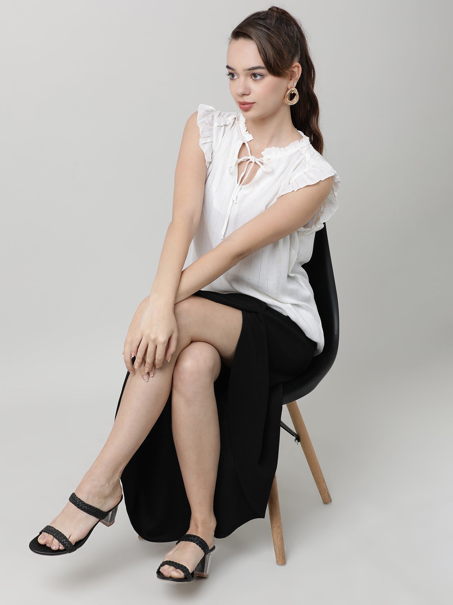 Women Regular Fit White Top With Frilled Sleeves