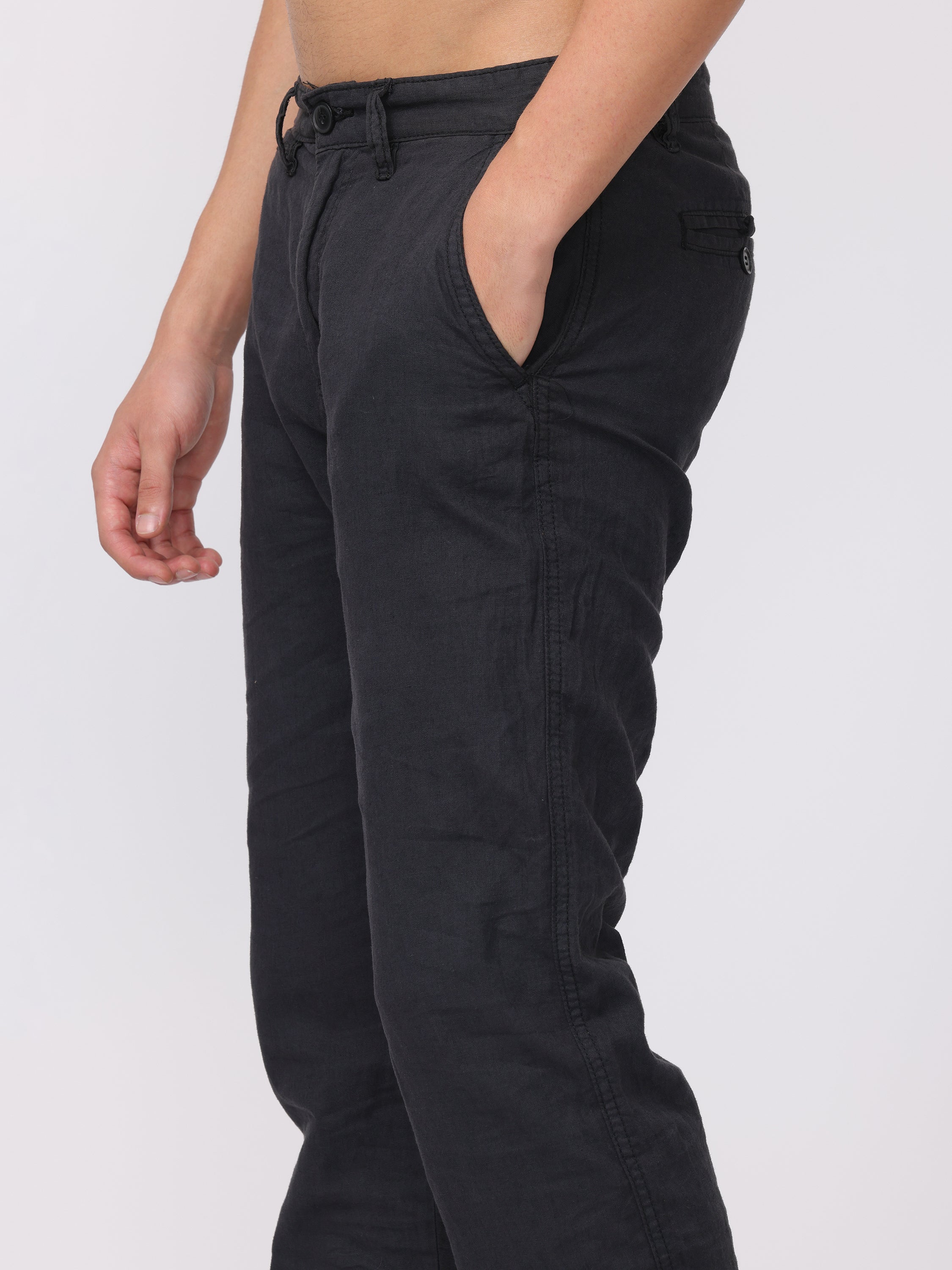 Men Black Regular Fit Linen Blend Pants