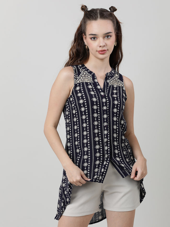Women Regular Fit Printed Black High Low Top