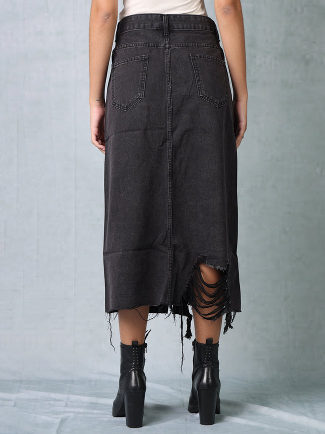 Women Black Denim Ribbed Edge Skirt