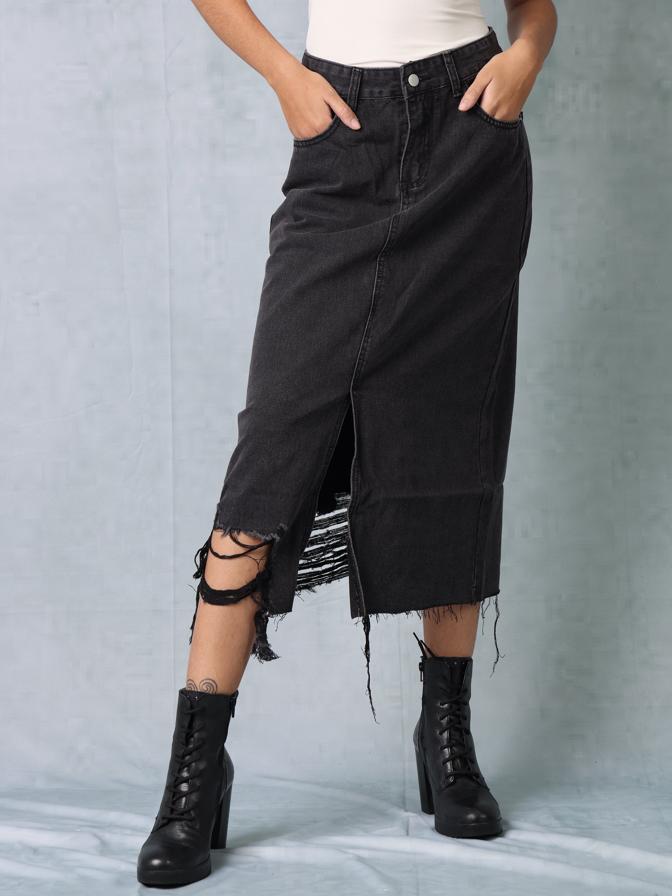 Women Black Denim Ribbed Edge Skirt