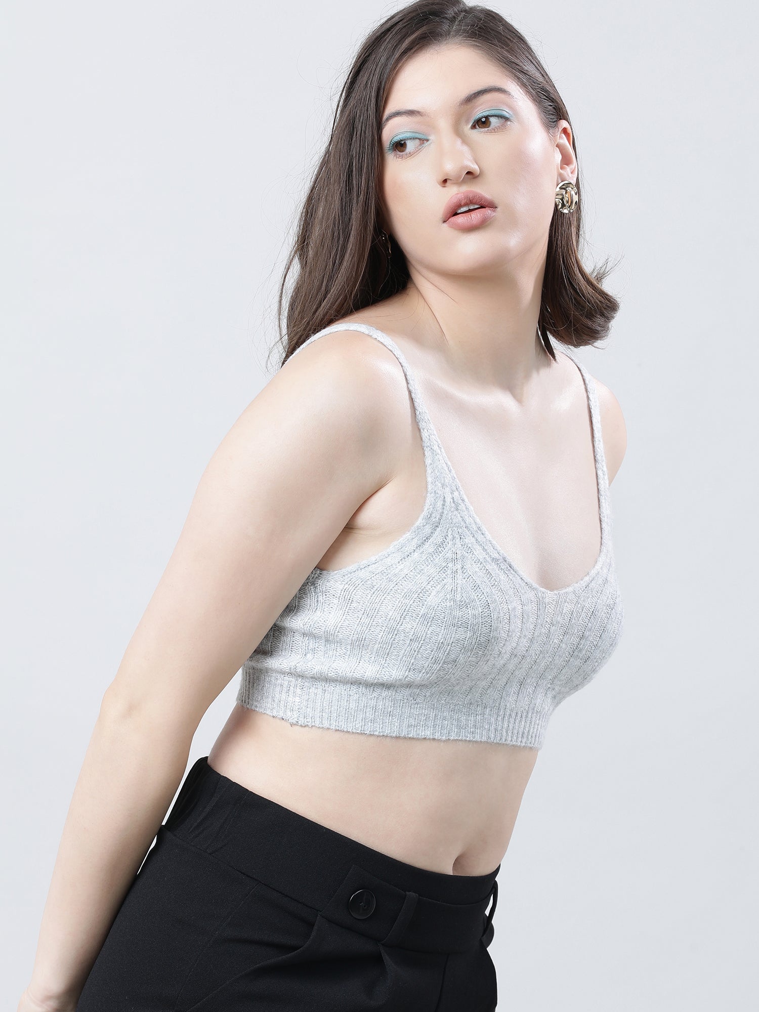 Women Slim Fit Light Grey Ribbed Strappy Crop Top