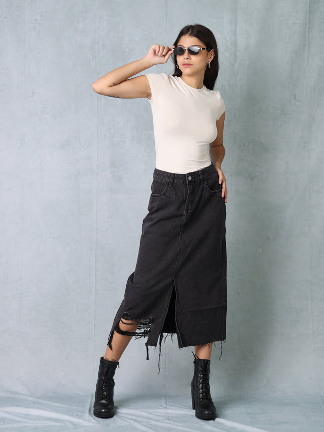Women Black Denim Ribbed Edge Skirt