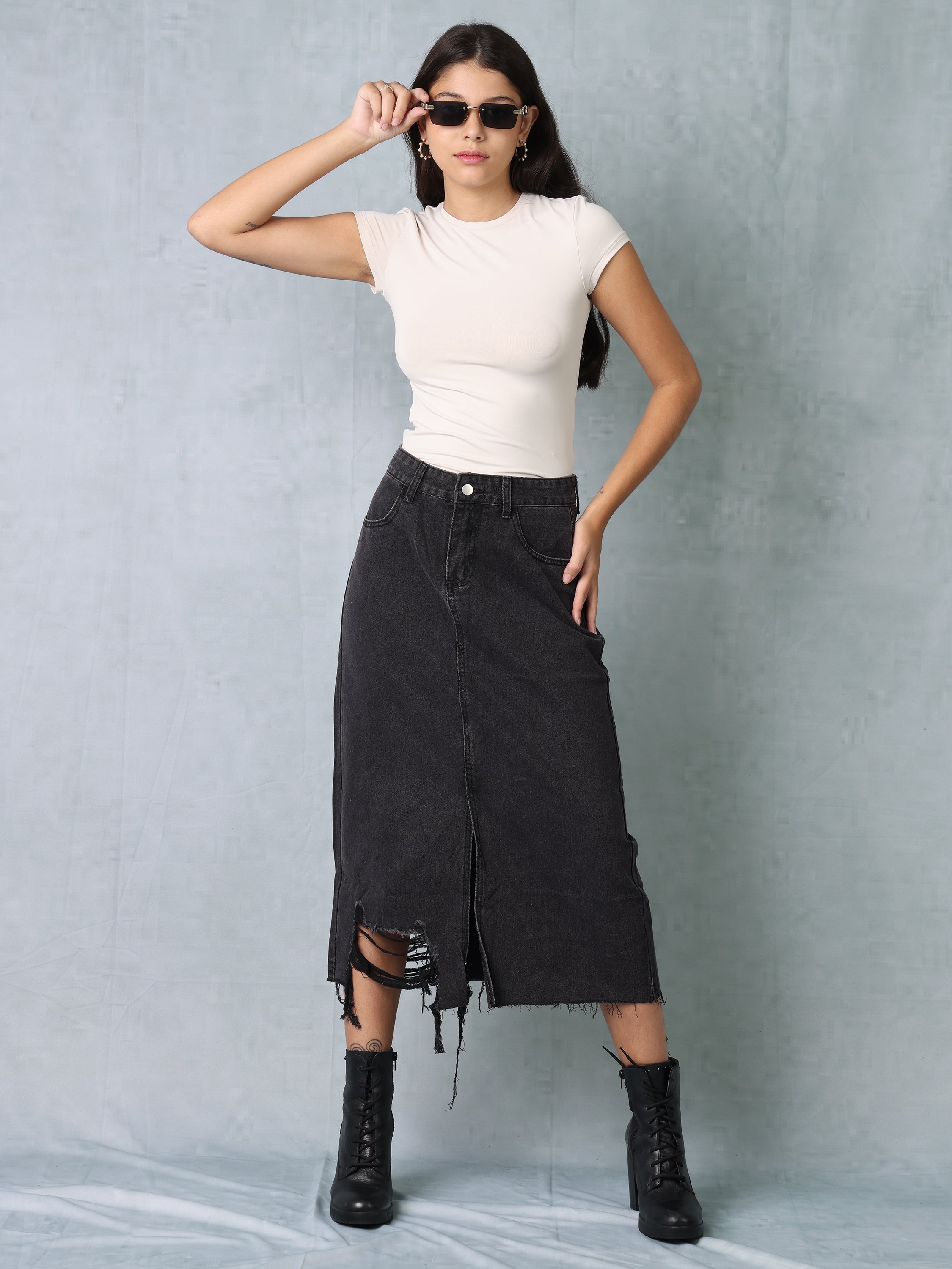 Women Black Denim Ribbed Edge Skirt