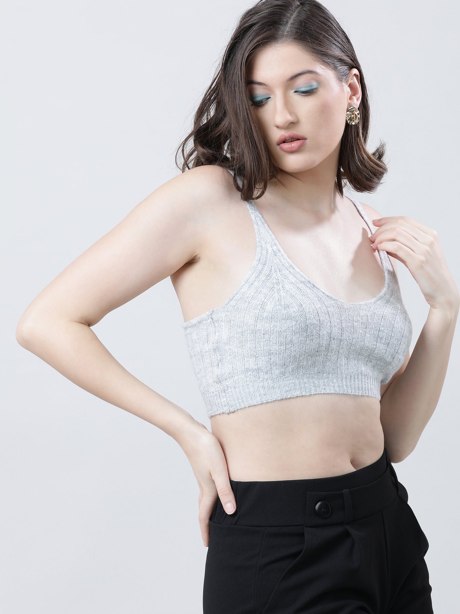 Women Slim Fit Light Grey Ribbed Strappy Crop Top