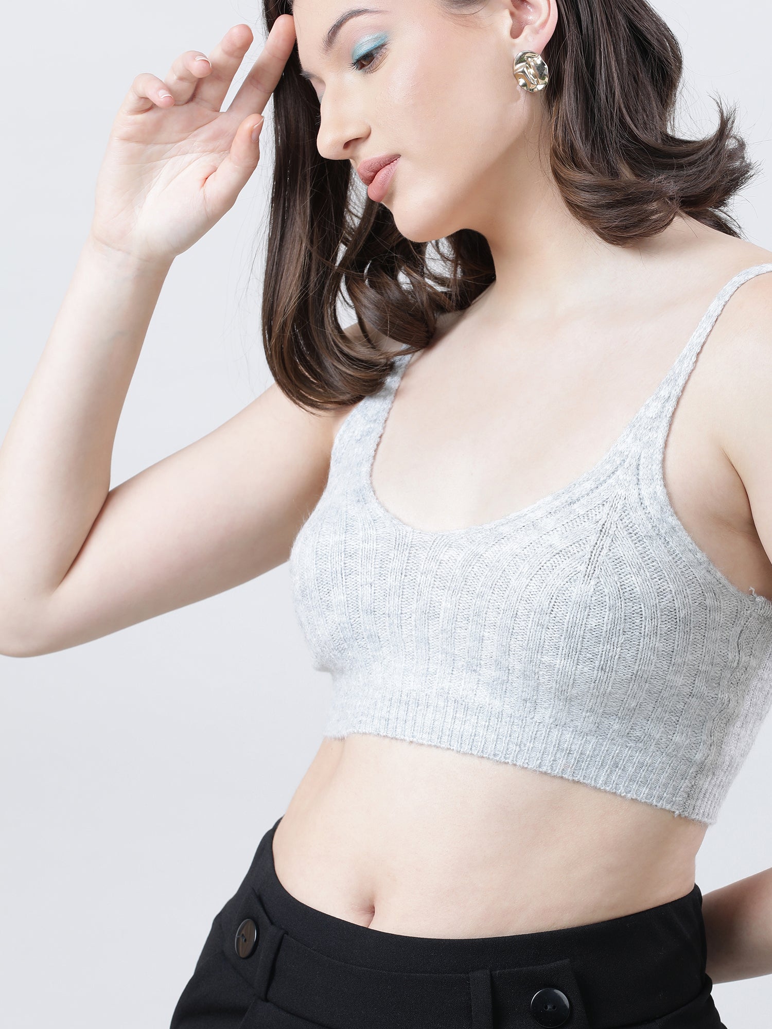 Women Slim Fit Light Grey Ribbed Strappy Crop Top