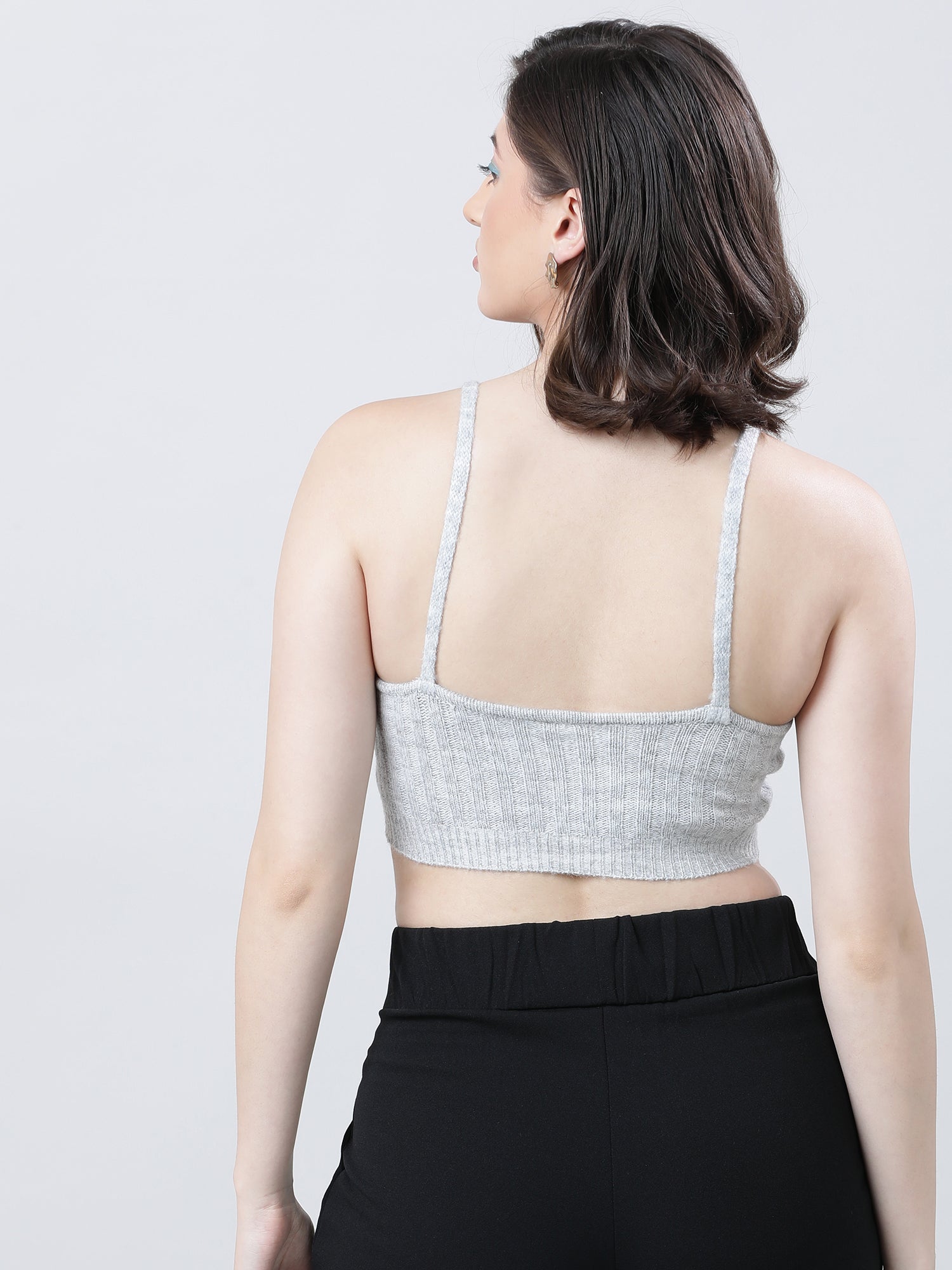 Women Slim Fit Light Grey Ribbed Strappy Crop Top