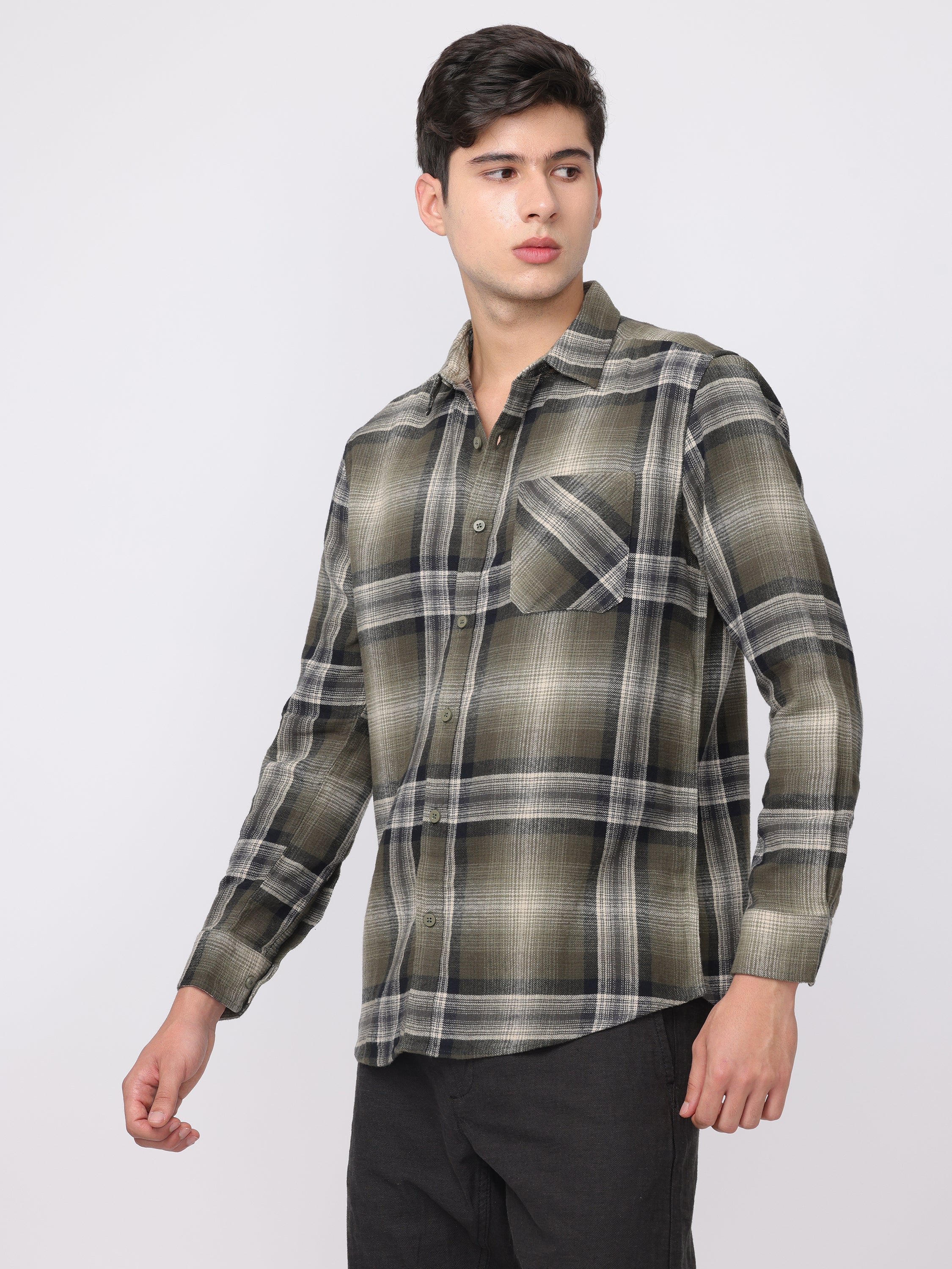 Men Olive Regular Fit Checked Shirt