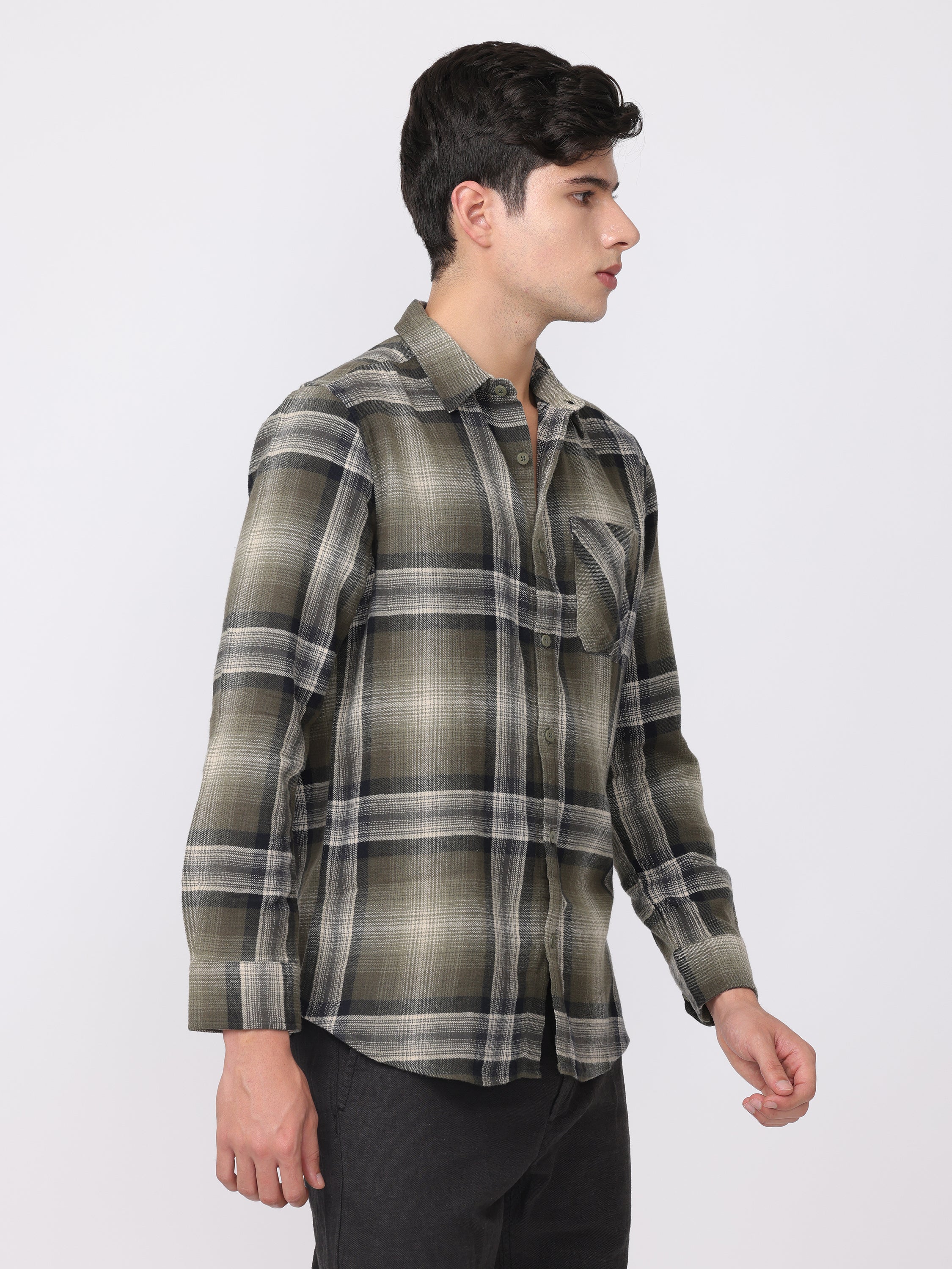 Men Olive Regular Fit Checked Shirt