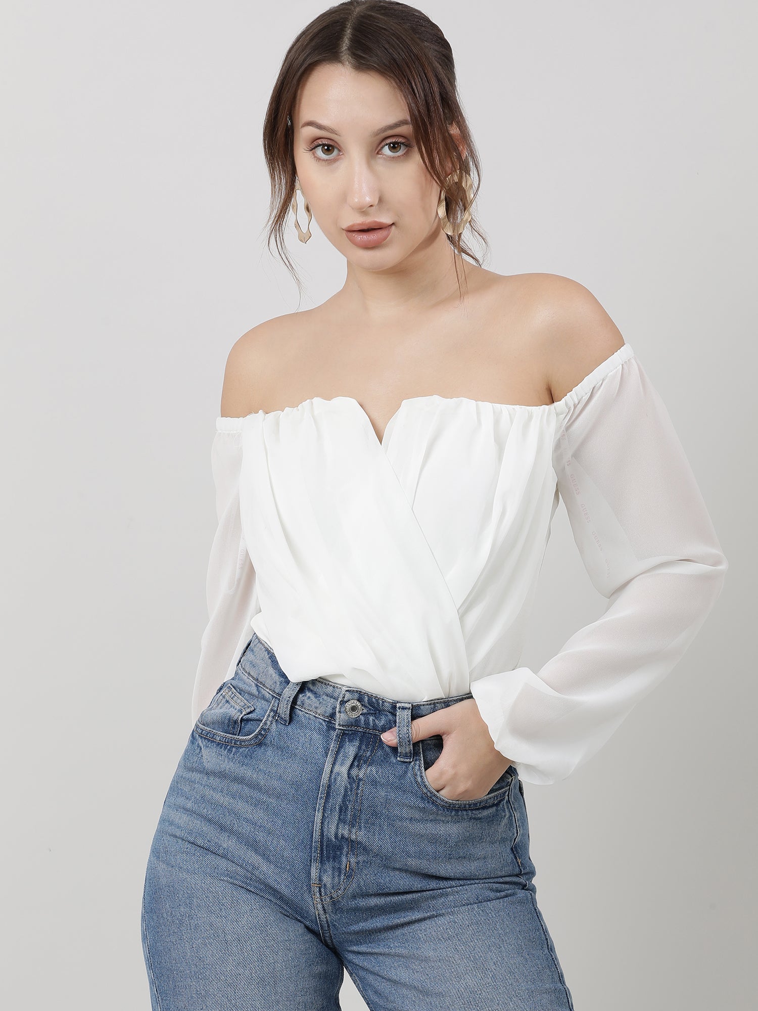 Women Regular Fit White Off Shoulder Bodysuit