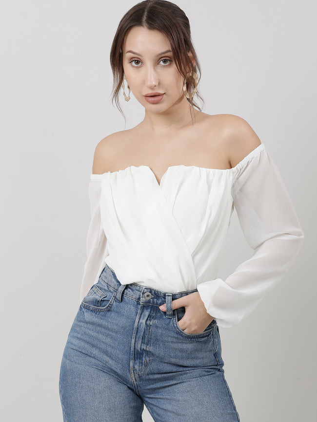 Women Regular Fit White Off Shoulder Bodysuit