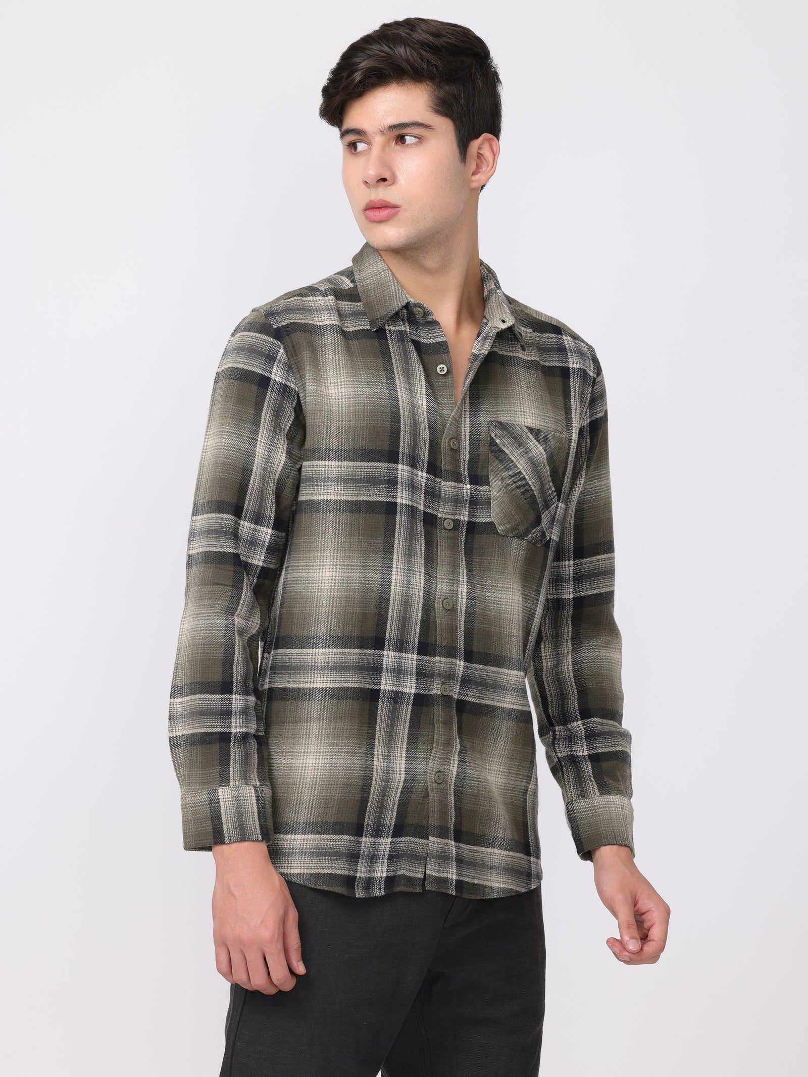 Men Olive Regular Fit Checked Shirt