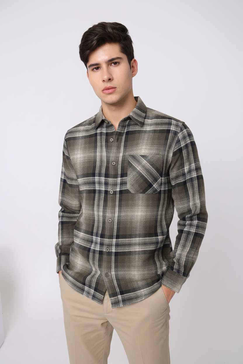 Men Olive Regular Fit Checked Shirt