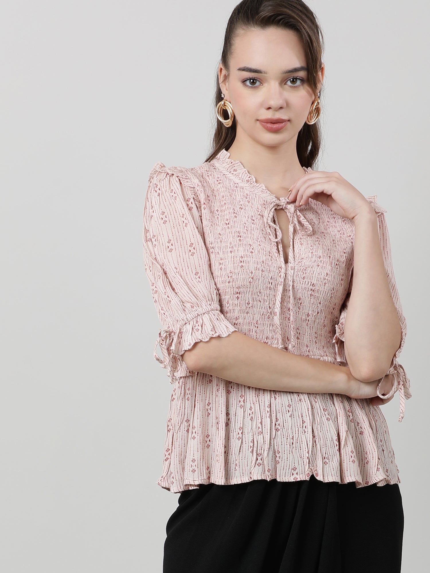 Women Pink Peplum Top With Frills