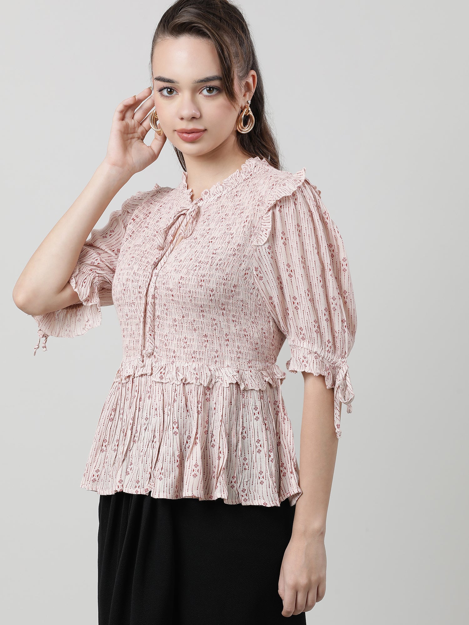 Women Pink Peplum Top With Frills