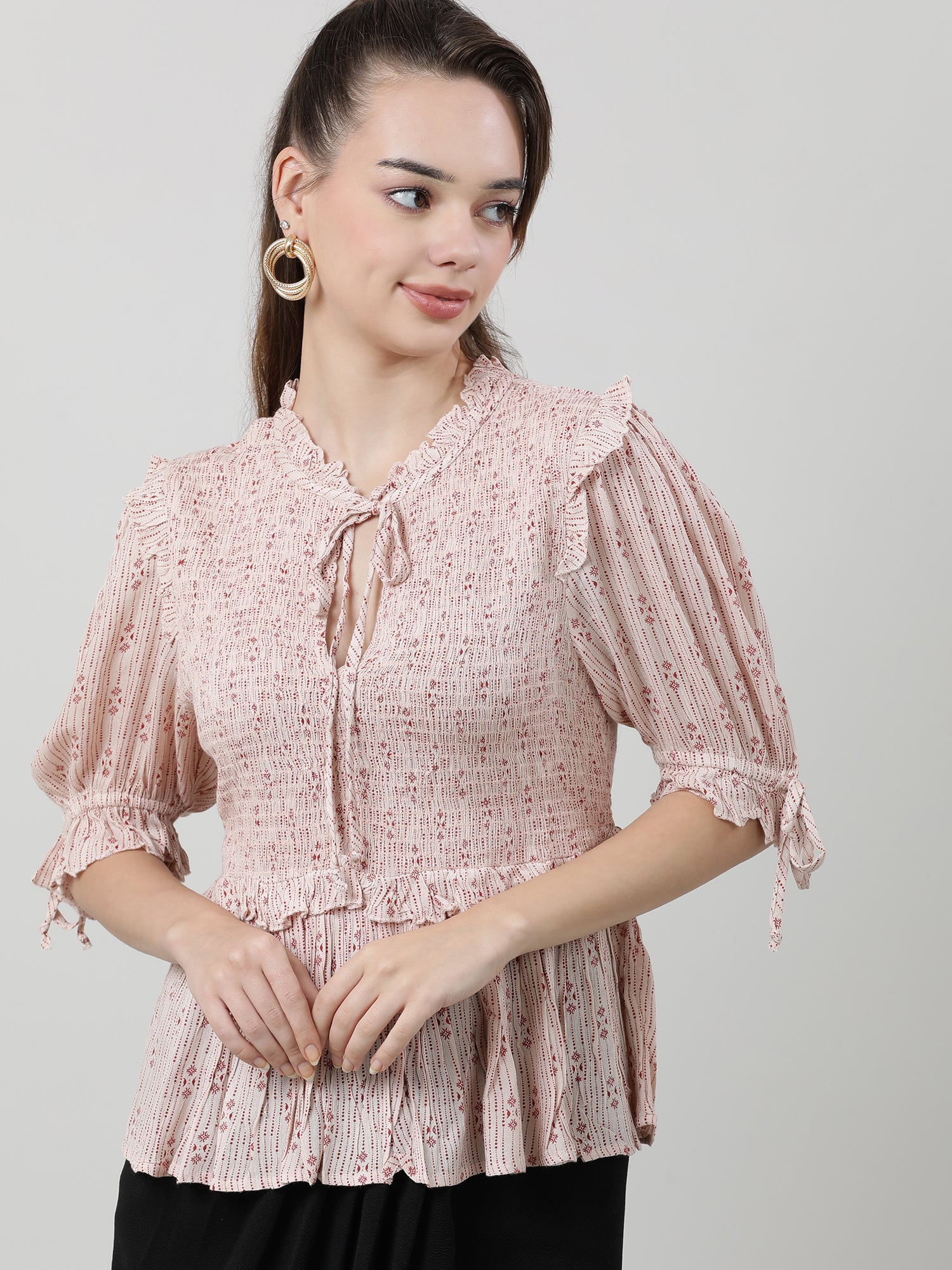 Women Pink Peplum Top With Frills