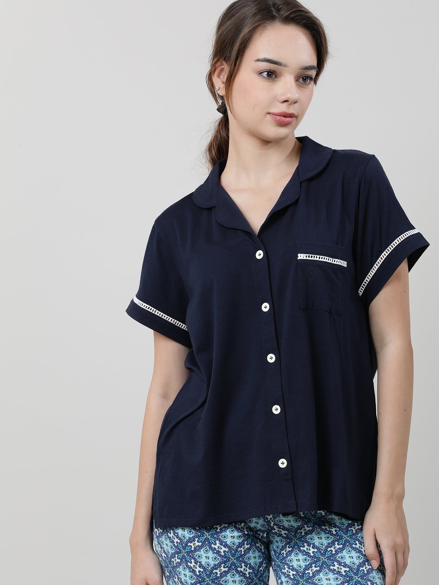 Women Regular Fit Navy Sleepwear Shirt