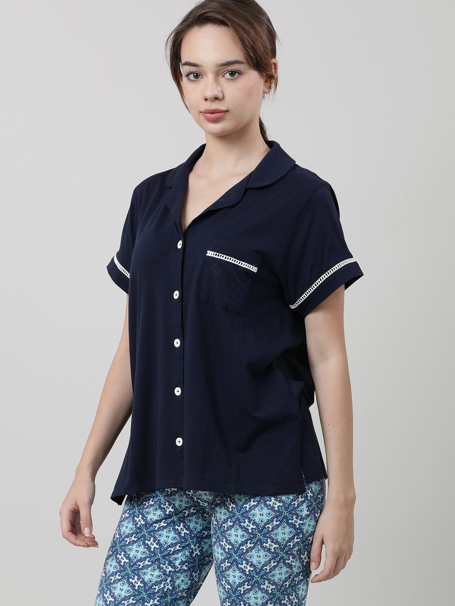 Women Regular Fit Navy Sleepwear Shirt