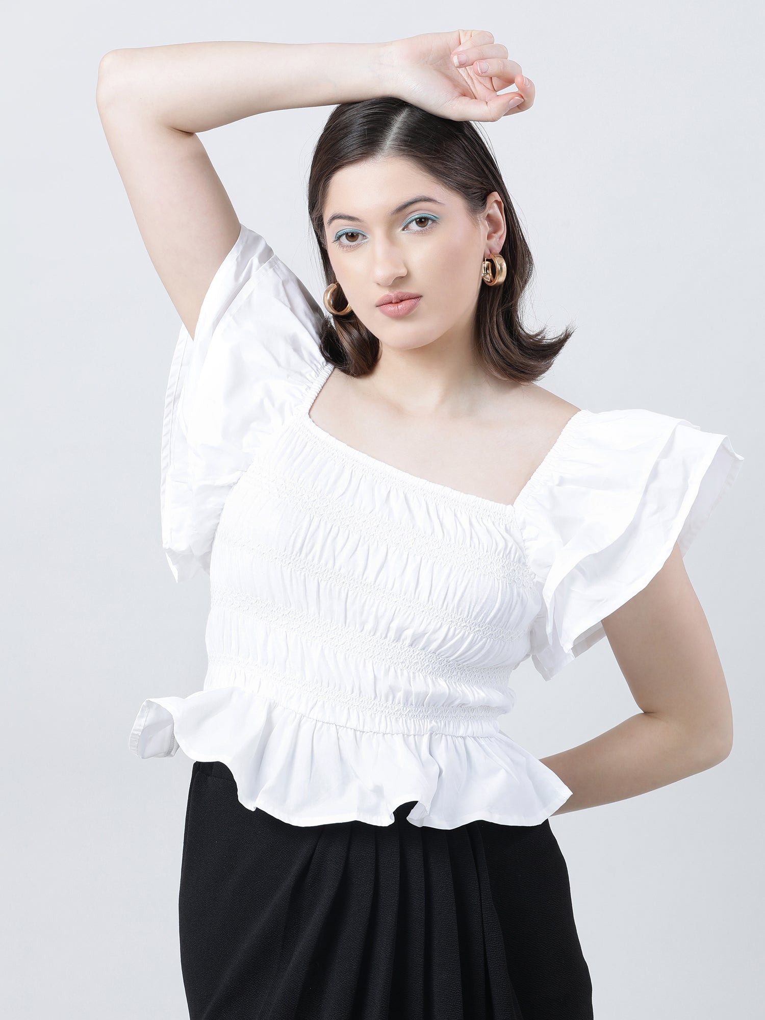 Women Slim Fit White Cinched Top With Frilled Sleeves