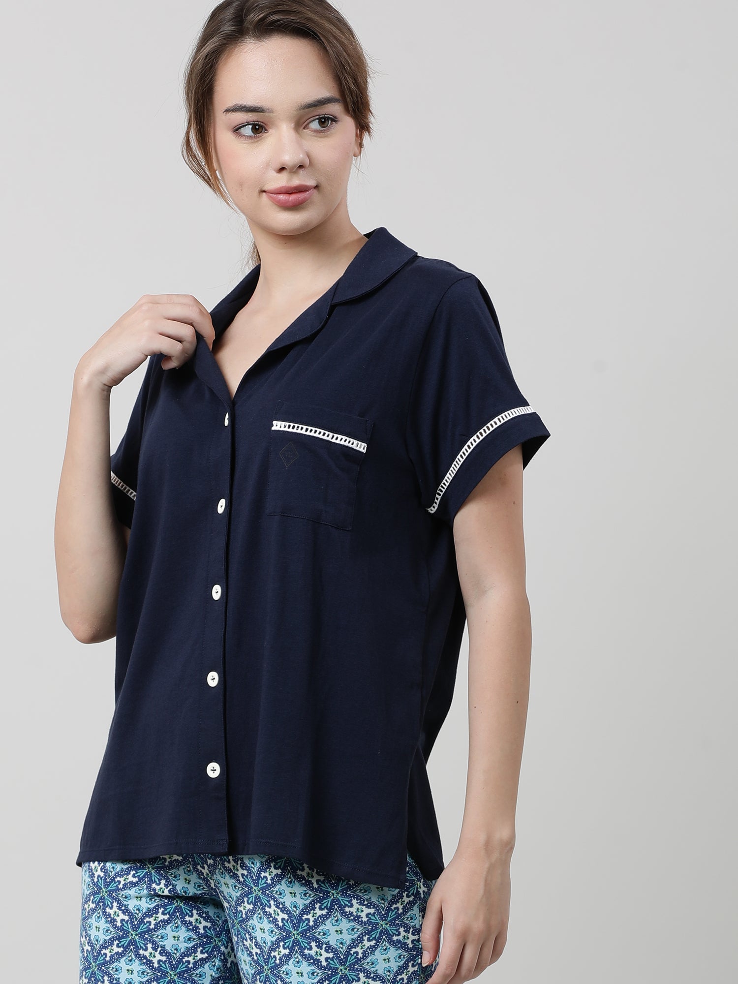 Women Regular Fit Navy Sleepwear Shirt