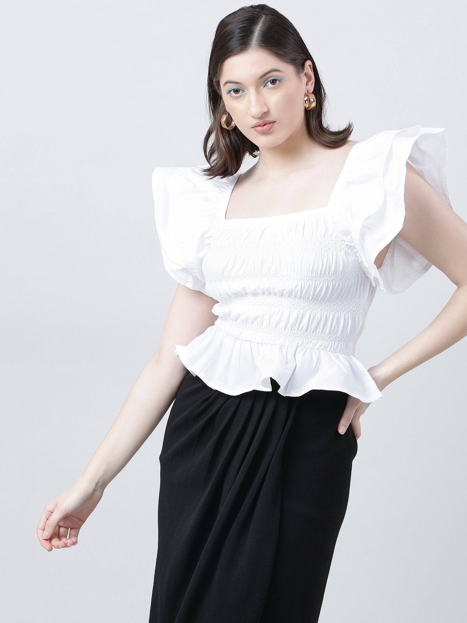 Women Slim Fit White Cinched Top With Frilled Sleeves