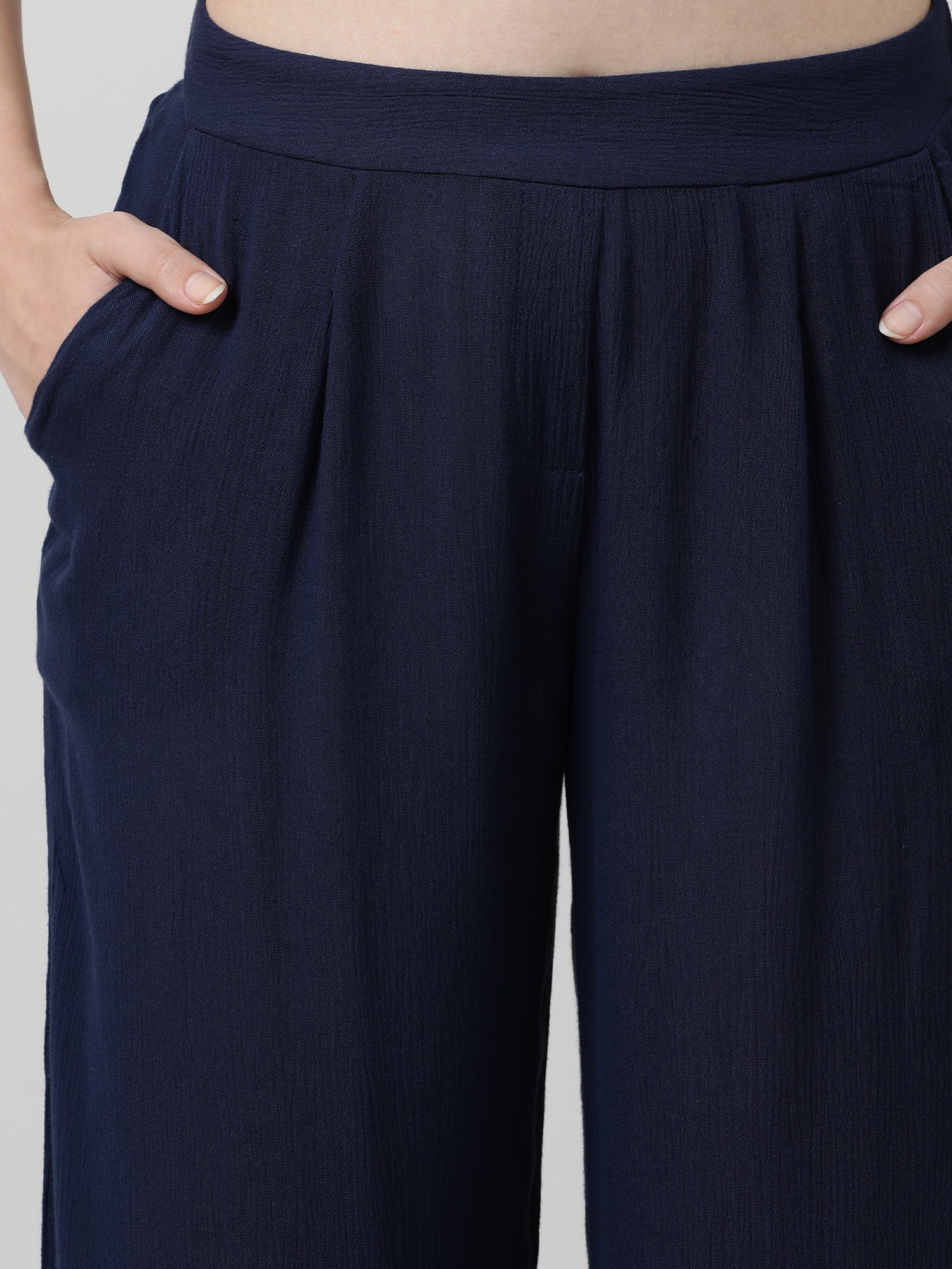 Women Relaxed Fit Navy Blue Pants