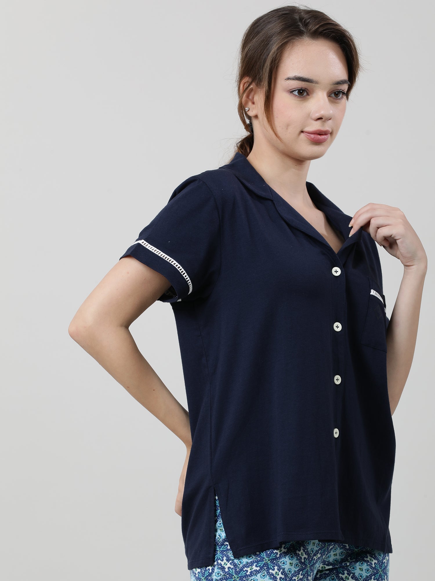 Women Regular Fit Navy Sleepwear Shirt