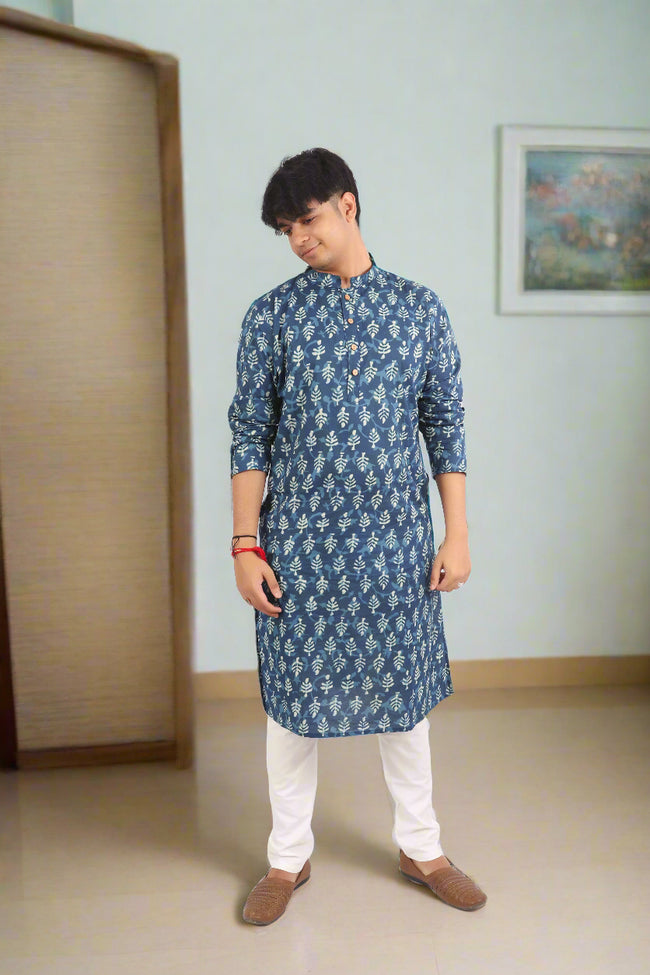 Men Blue Ethnic Leaf Motif Cotton Kurta