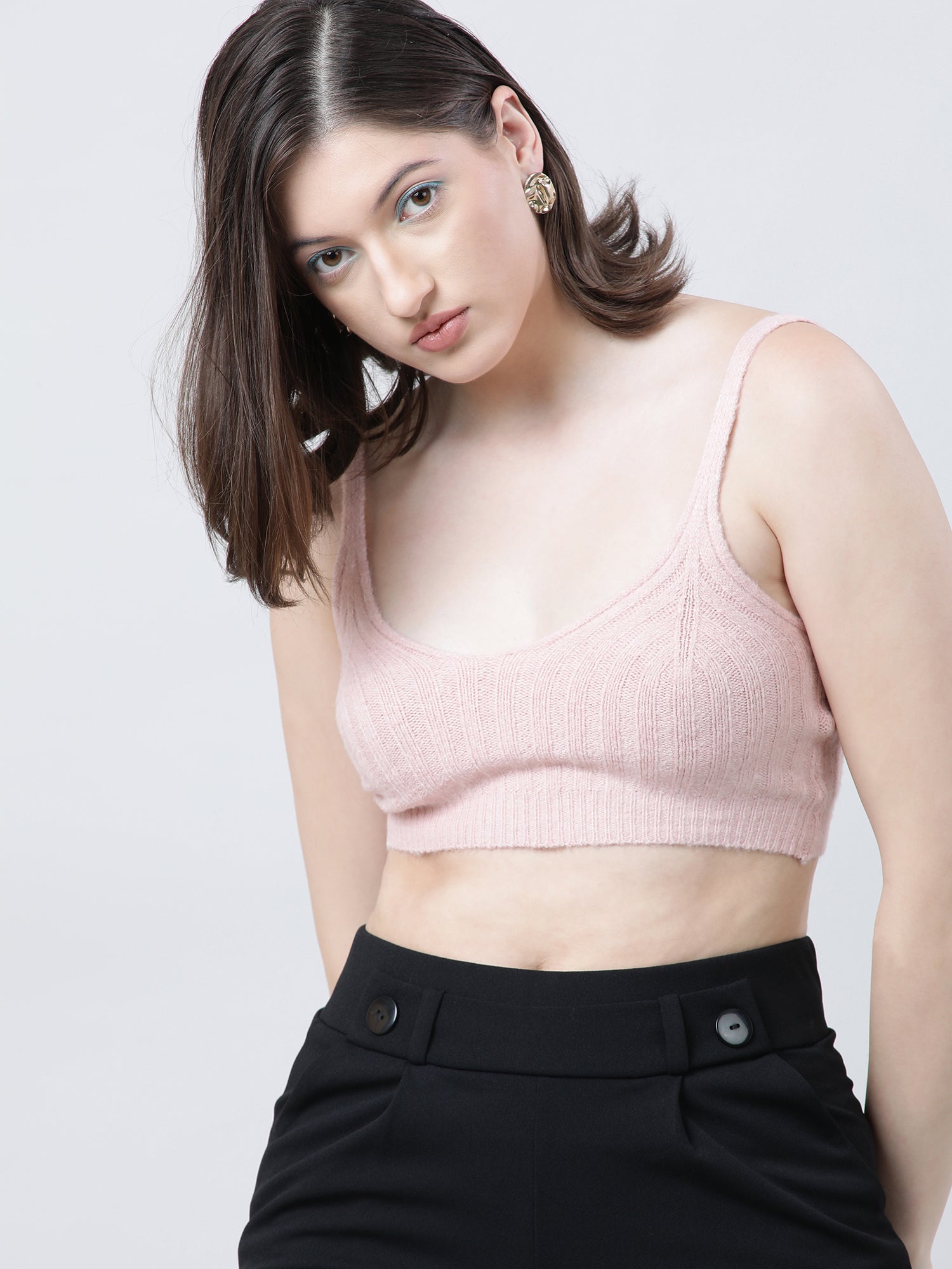 Women Slim Fit Light Pink Ribbed Strappy Crop Top