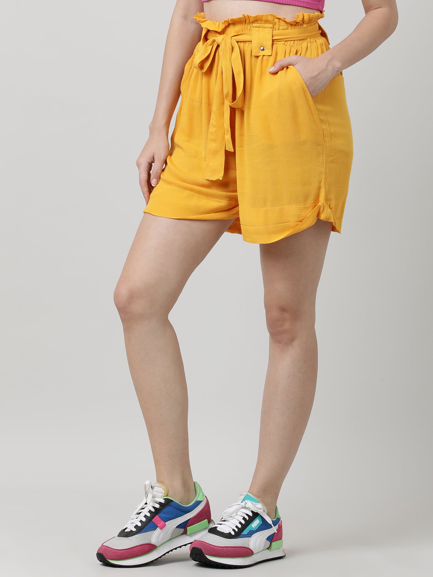 Women Slim Fit Yellow Paper Bag Shorts With Belt