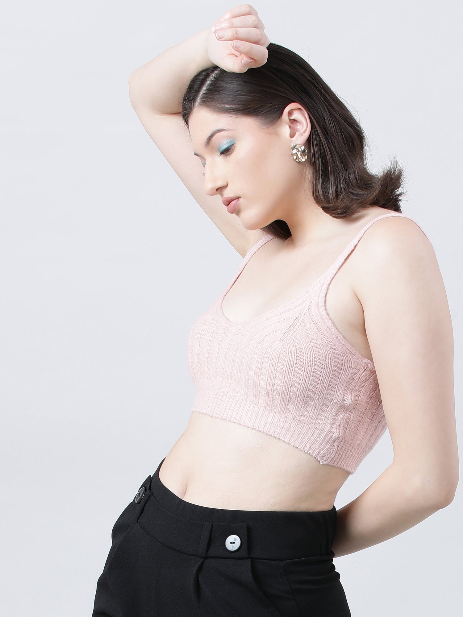 Women Slim Fit Light Pink Ribbed Strappy Crop Top