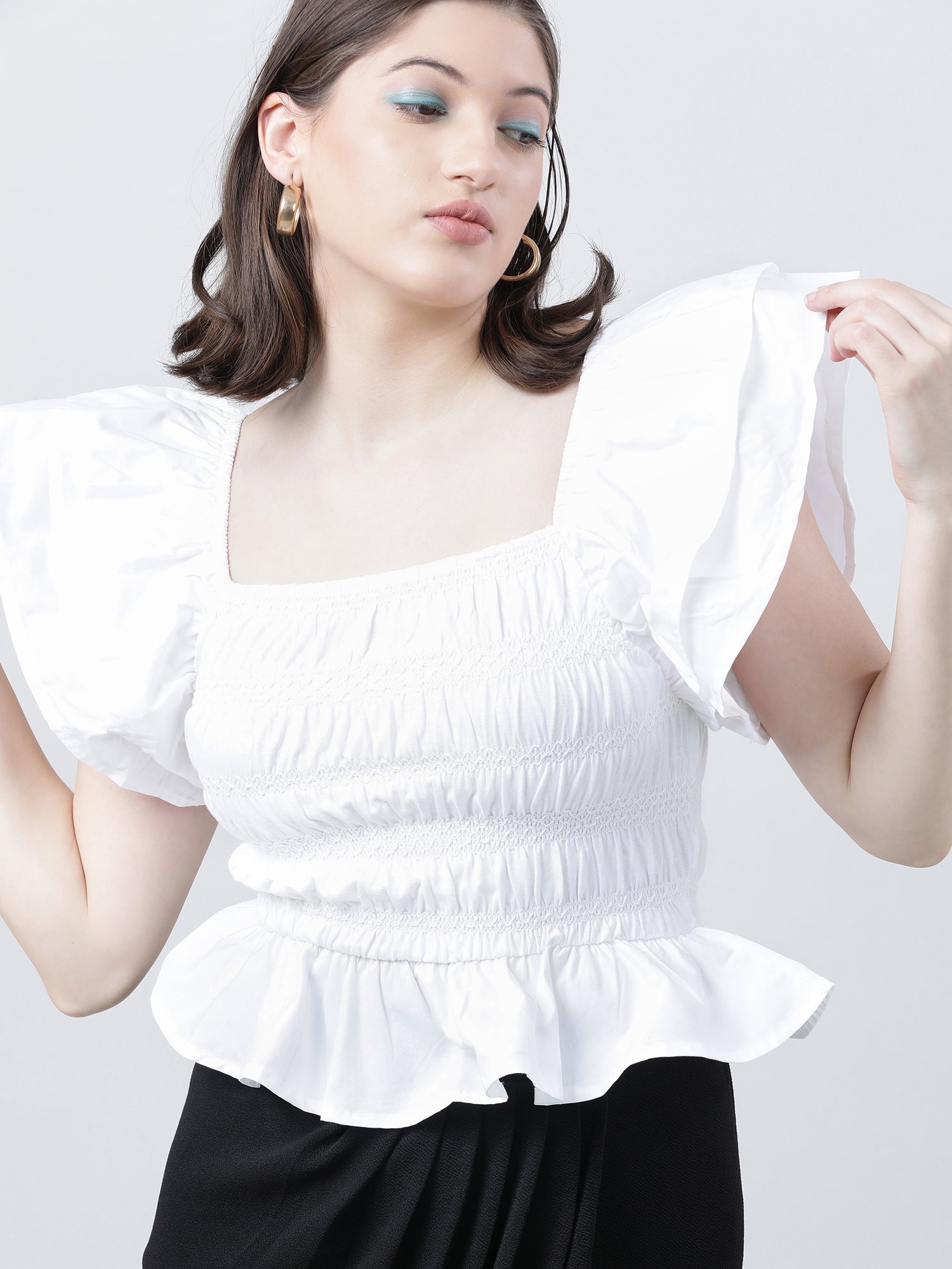 Women Slim Fit White Cinched Top With Frilled Sleeves