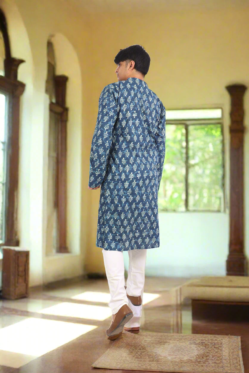 Men Blue Ethnic Leaf Motif Cotton Kurta