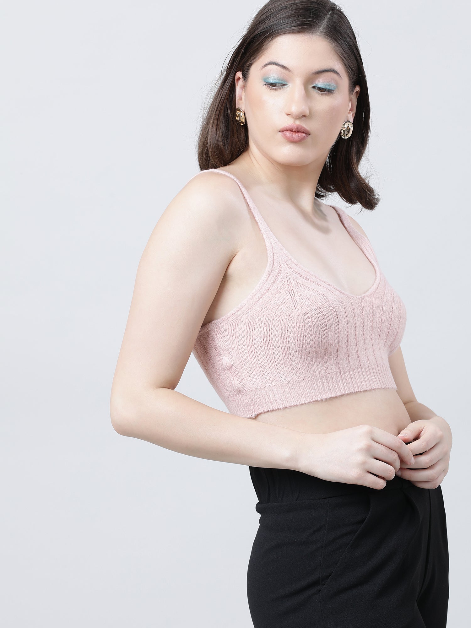 Women Slim Fit Light Pink Ribbed Strappy Crop Top