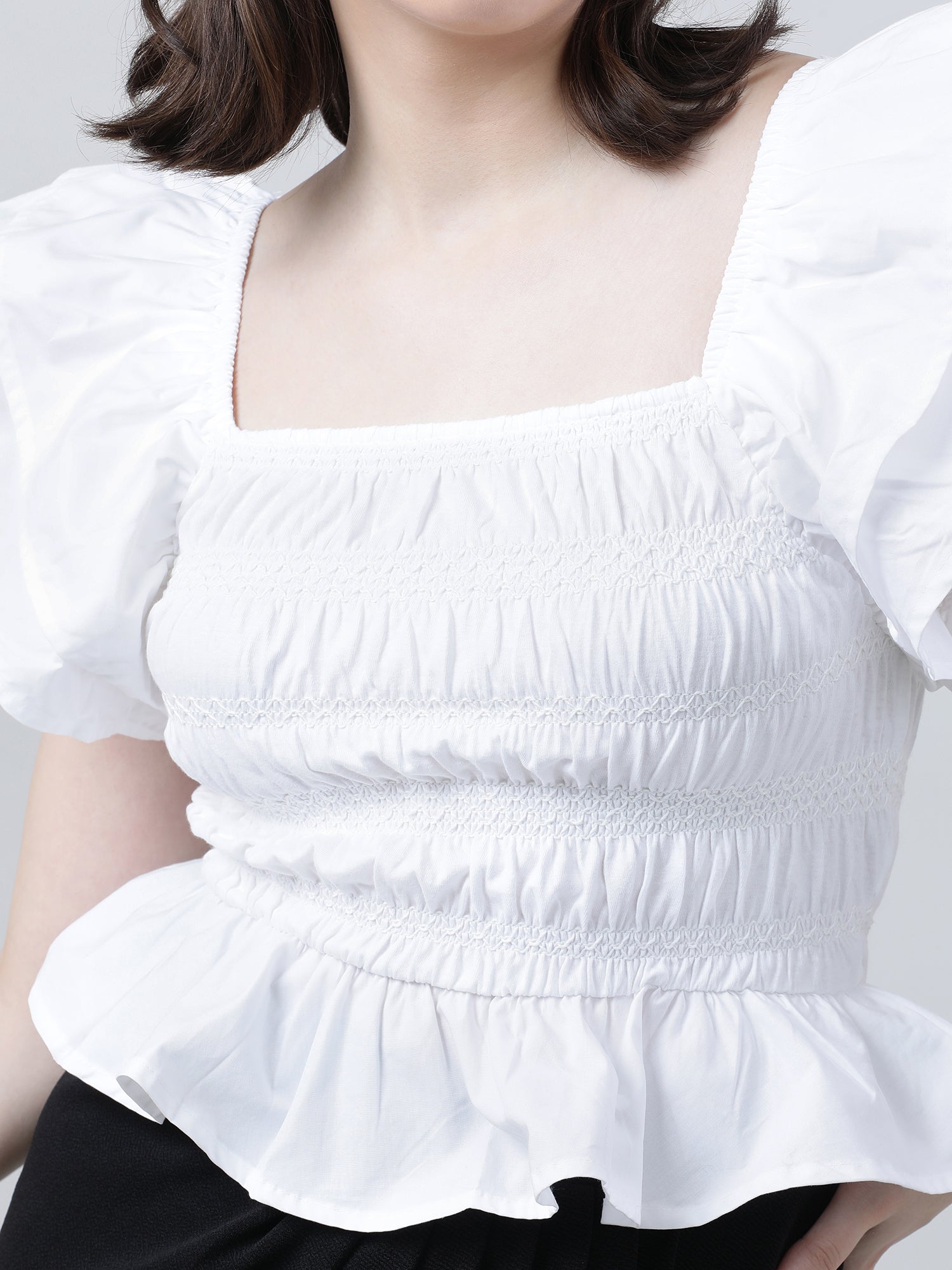 Women Slim Fit White Cinched Top With Frilled Sleeves