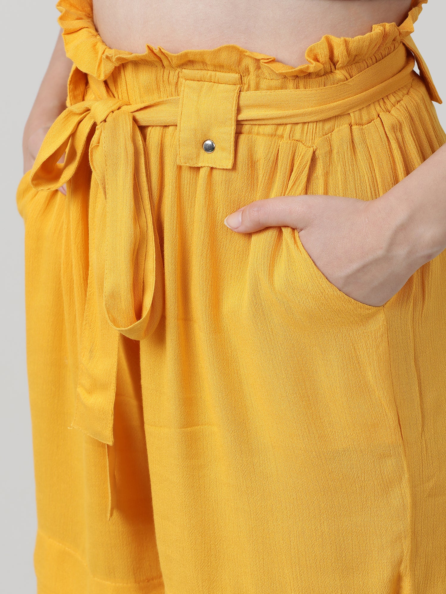 Women Slim Fit Yellow Paper Bag Shorts With Belt